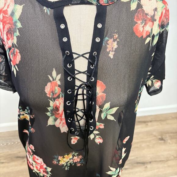 NWT HOPELY Black Floral Print Women's Mesh Short Sleeve Dress Shirt Small - Picture 5 of 7